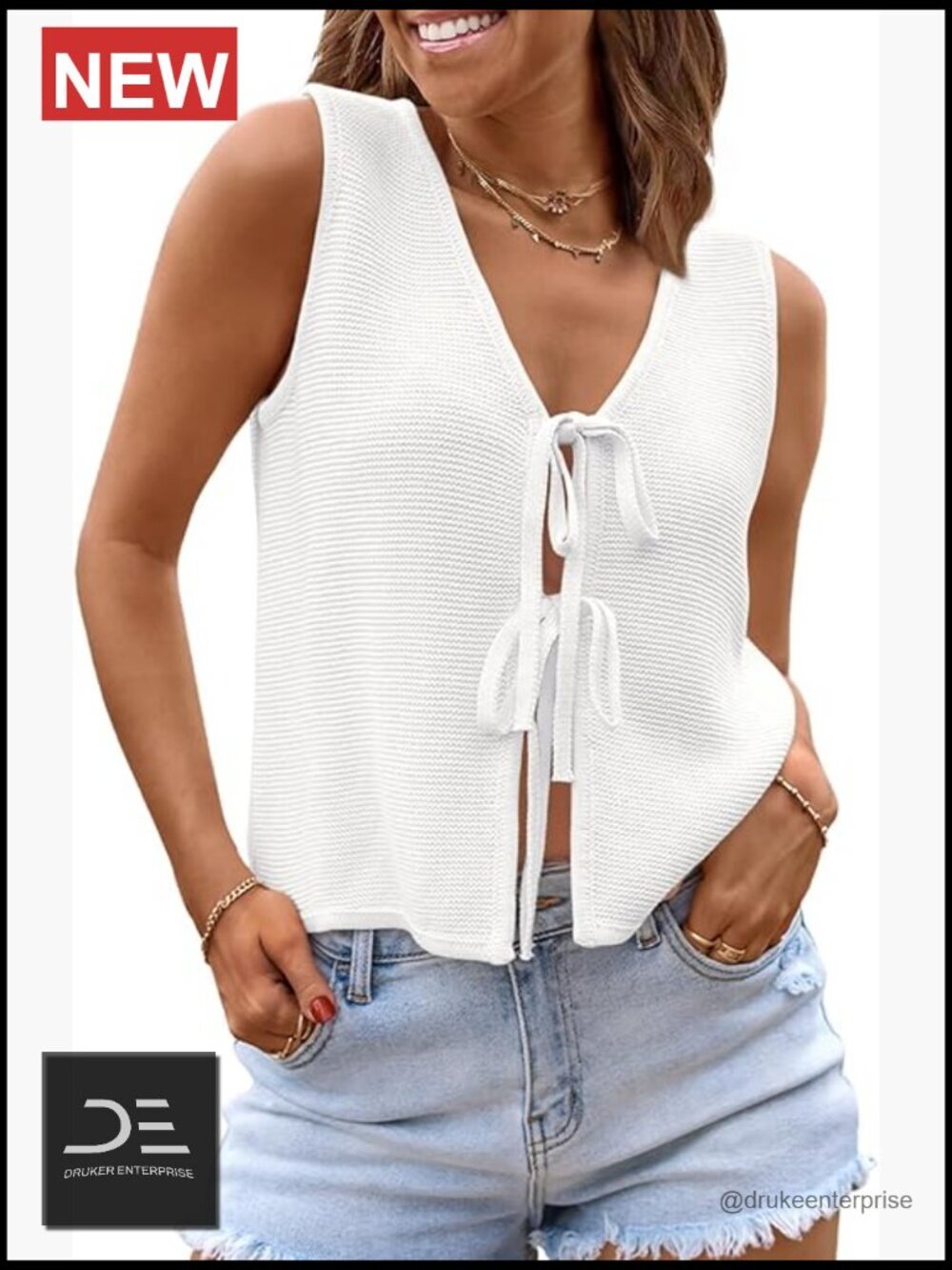 Sleeveless V-Neck Tie Front Crochet Tank Top - Open Knit Summer Layering Piece